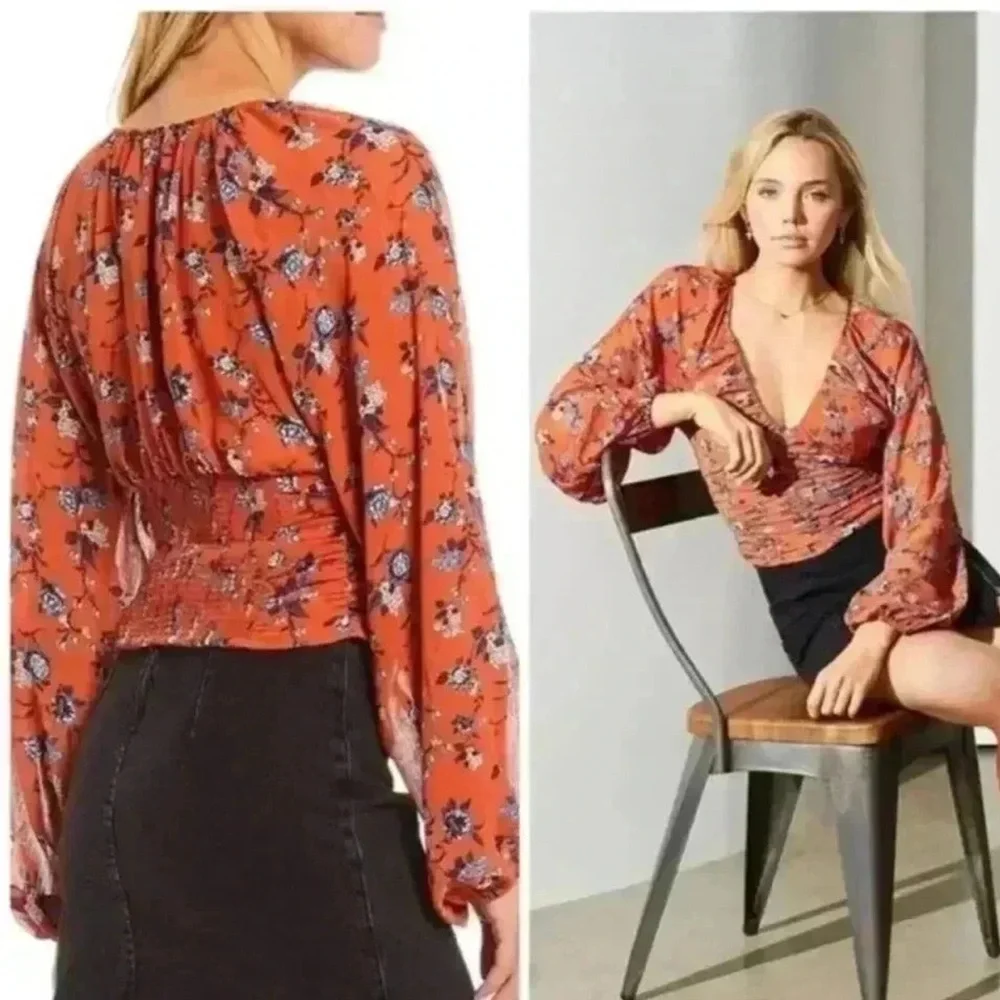 Free People Red Floral New Final Rose Cropped Shirred Blouse SM Long Sleeve Top